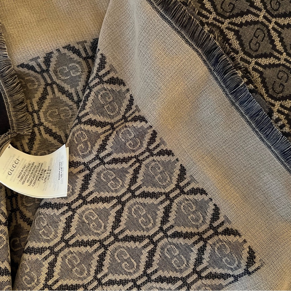 New Gucci GG monogram Fringed Logo-Jacquard Cotton Wool Silk-Blend Scarf - Picture 9 of 11